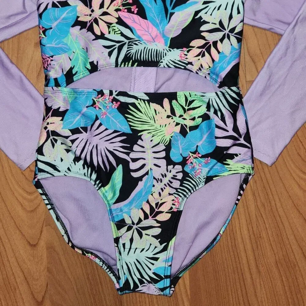 Girls' 'Just Vibing' Long Sleeve One Piece Rash Guard Large 10/12
